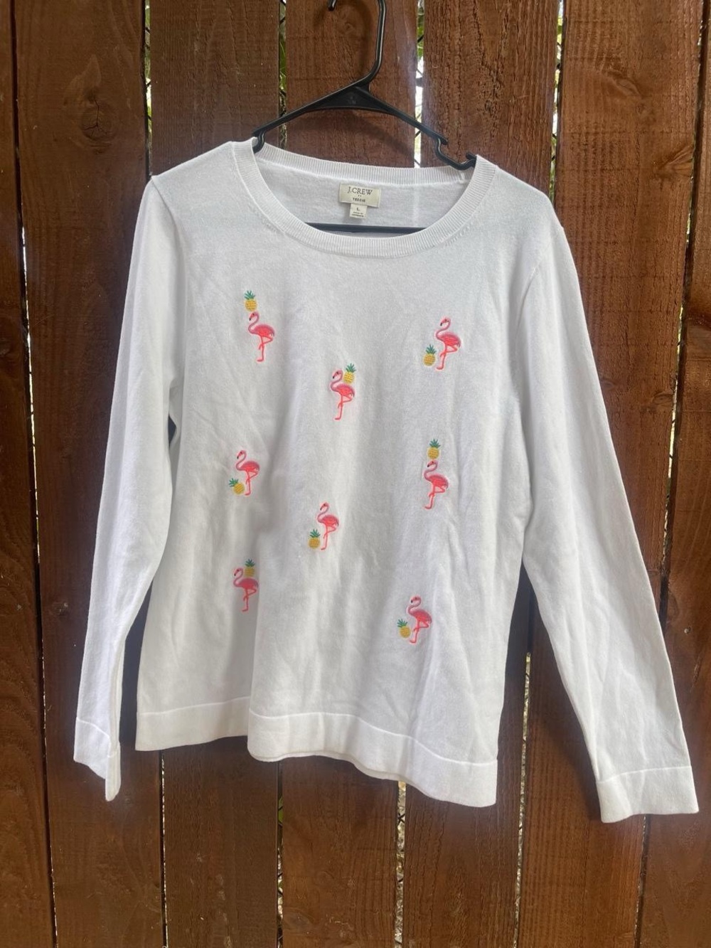 J.Crew Cotton Teddie Sweater White Flamingo Pineapple Embroidered Sz L